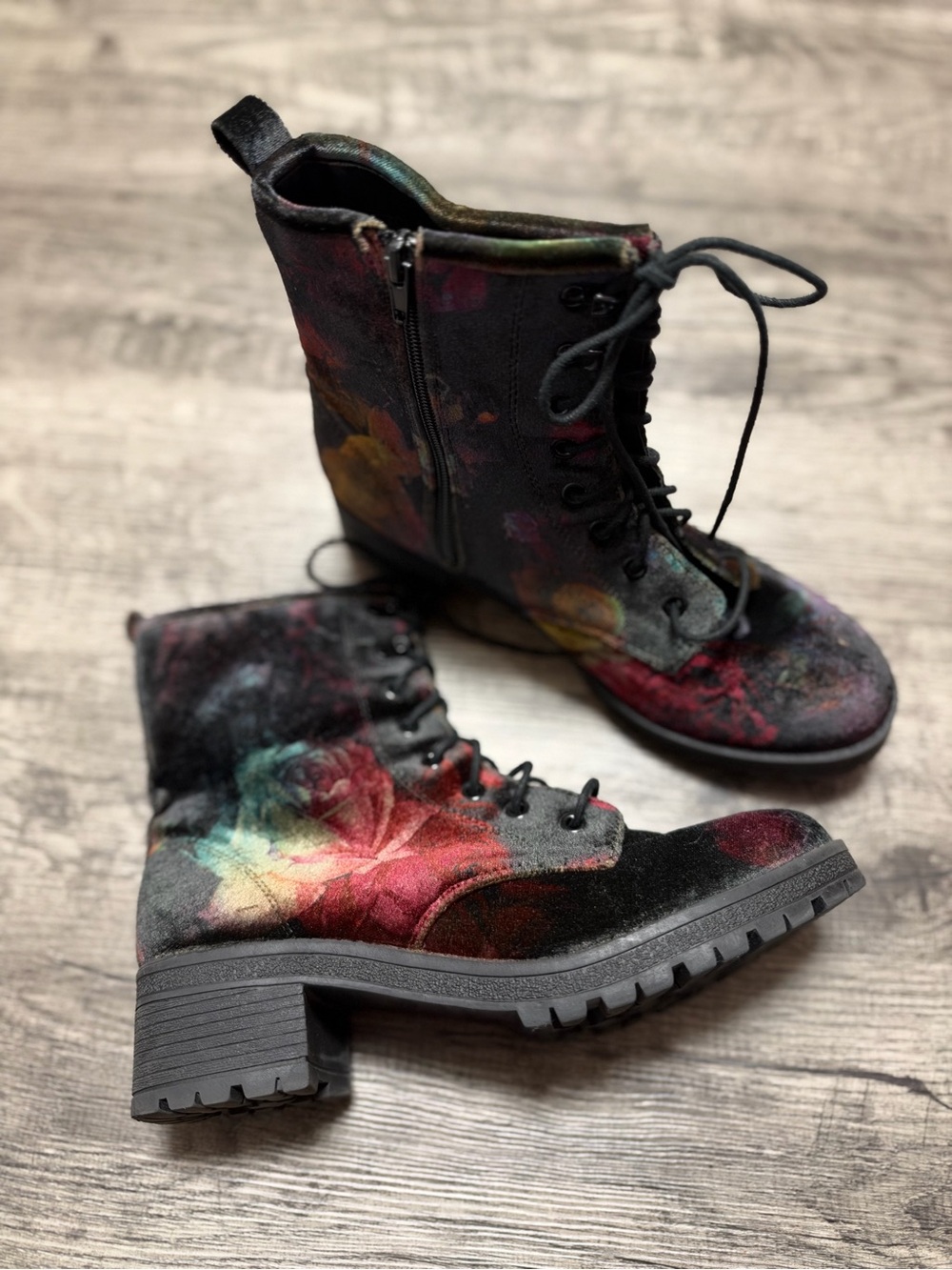 Floral Velvet Lace-Up Combat Boots - Black Multicolor